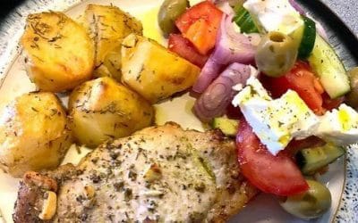 Greek Style Pork Chops, Potatoes & Greek Salad