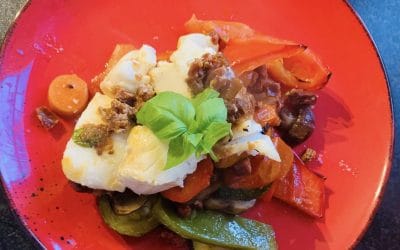 Sundried Tomato Cod with Mediterranean Vegetables