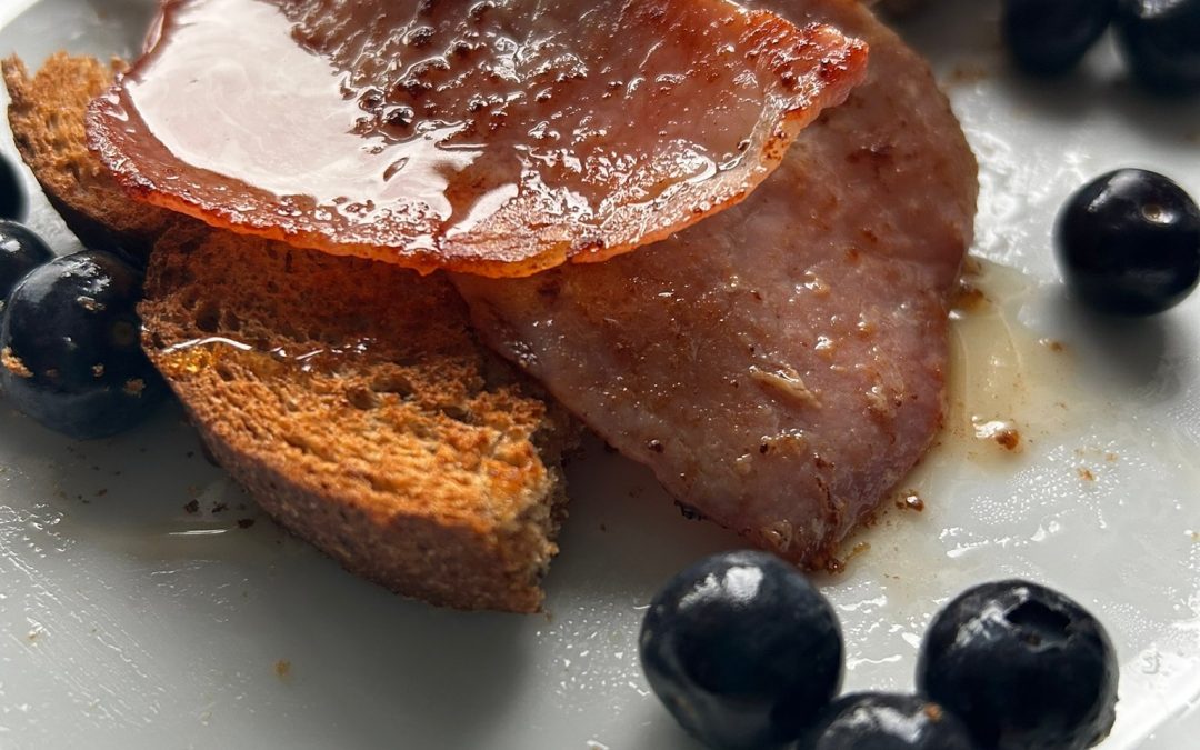 Bacon, fruit and maple syrup on wholemeal bread